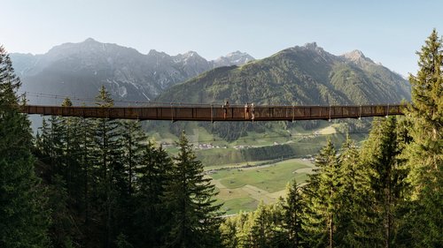 Massagen, Packungen und mehr im Bergkönig Hängebrücke über einem Wald mit Bergen und Tal im Hintergrund