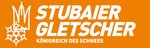 Logo Stubaier Gletscher Königreich des Schnees auf orangefarbenem Hintergrund